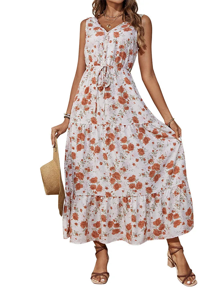 Vestido Largo Casual Floral Escote V Sin Mangas Mujer
