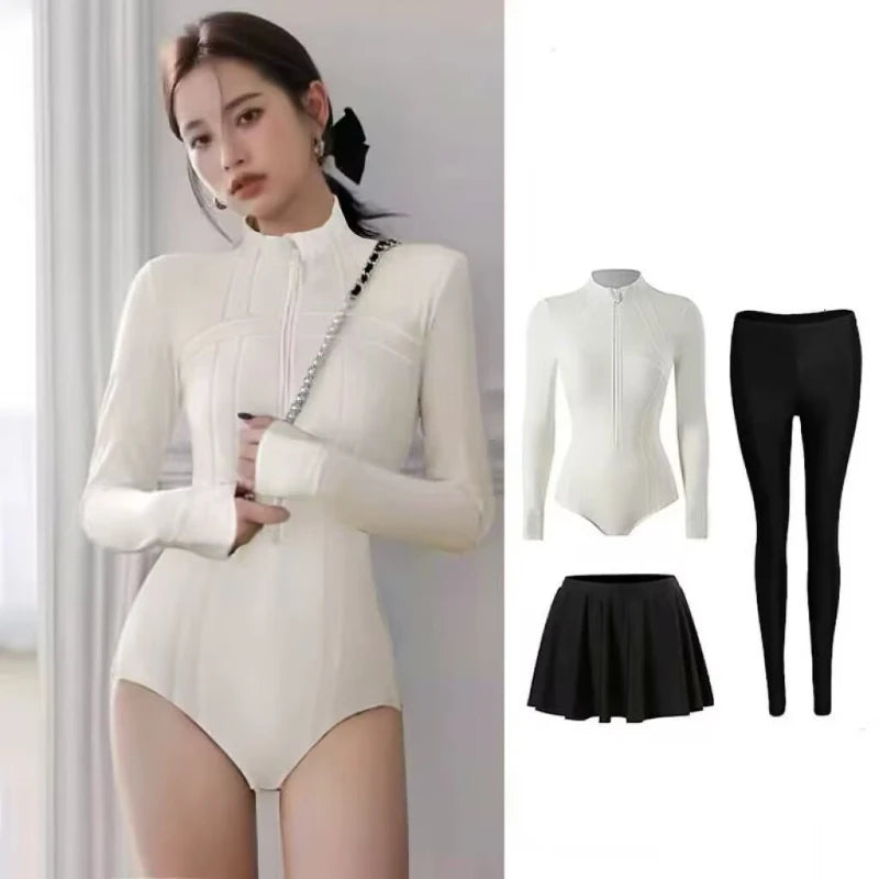 Women's Surfing Diving Swimwear Neoprene Keep Warm Split Wetsuit Long Sleeve Snorkeling Scuba Dive Suit Pink White Swimsuit