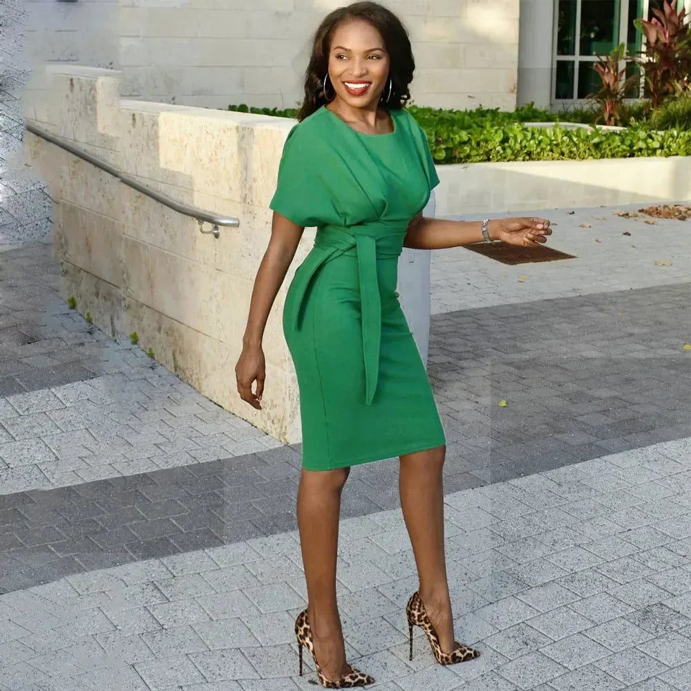 Pencil Midi Dress - Short Sleeve Belt Party