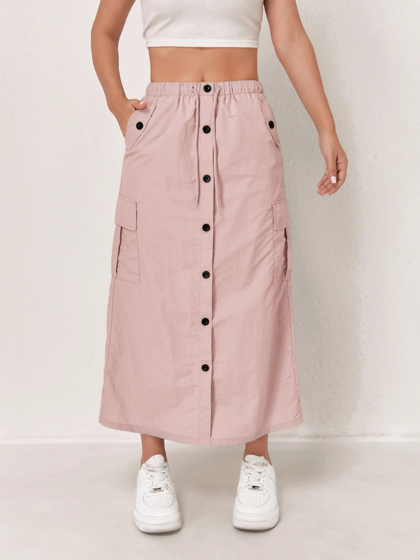 High Waist Cargo Skirt - Front Button Pockets