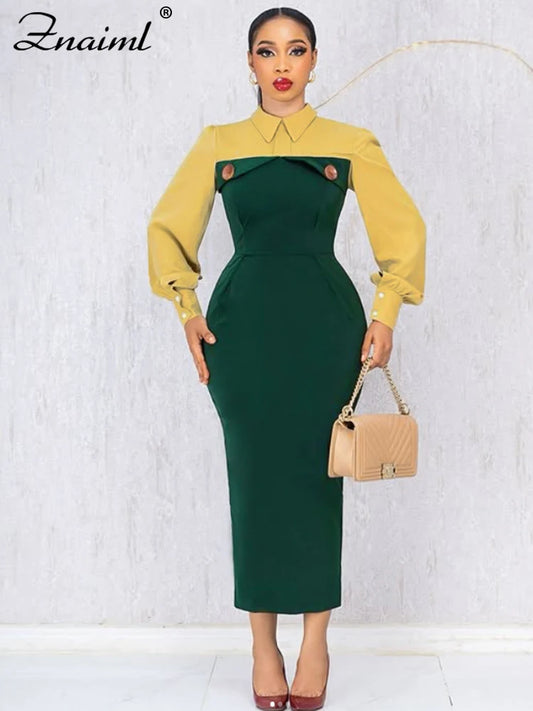 Pencil Midi Dress - Green Patchwork Button Office