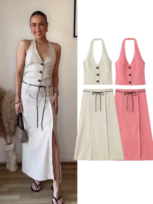 Conjunto Dos Piezas Chaleco Falda - Cintura Alta Abertura