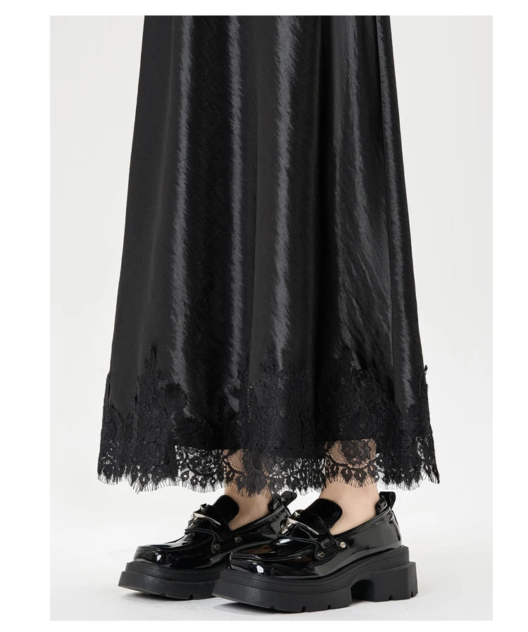 Satin Maxi Skirt - High Waist Side Slit Black