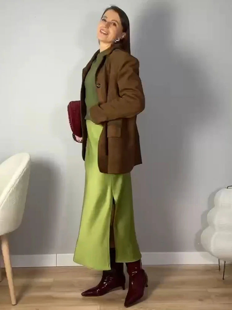 Satin Midi Skirt - A-Line Side Slit