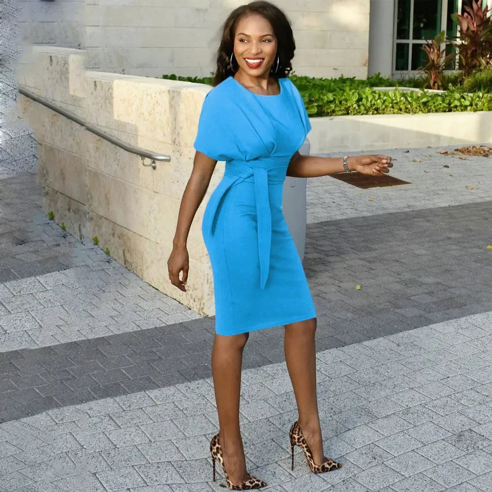 Pencil Midi Dress - Short Sleeve Belt Party