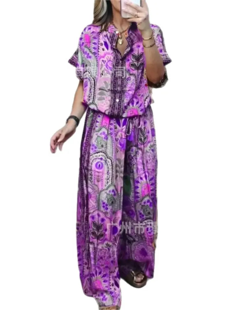 Conjunto Casual Mujer Top Estampado Pierna Ancha Suelto