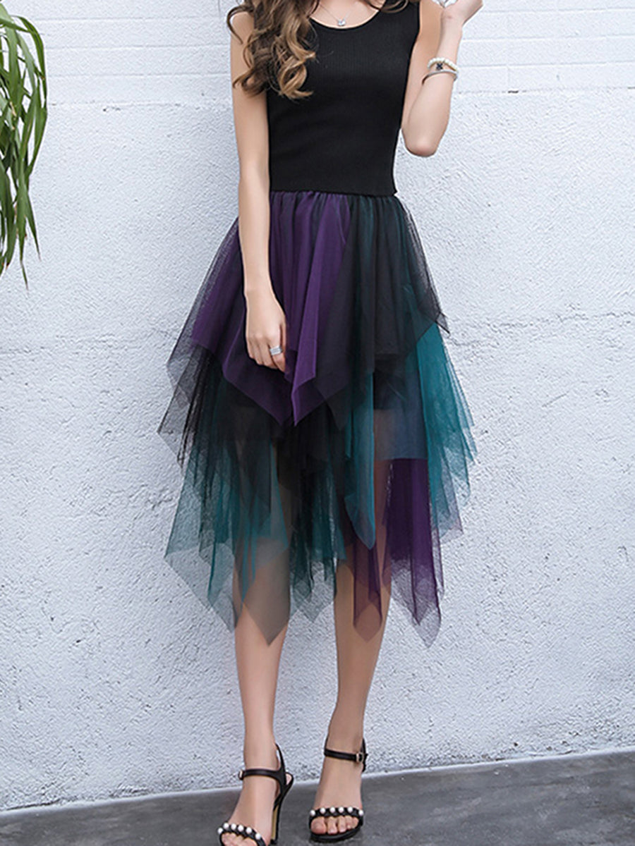Tulle Midi Skirt - Elastic Waist Contrast Color