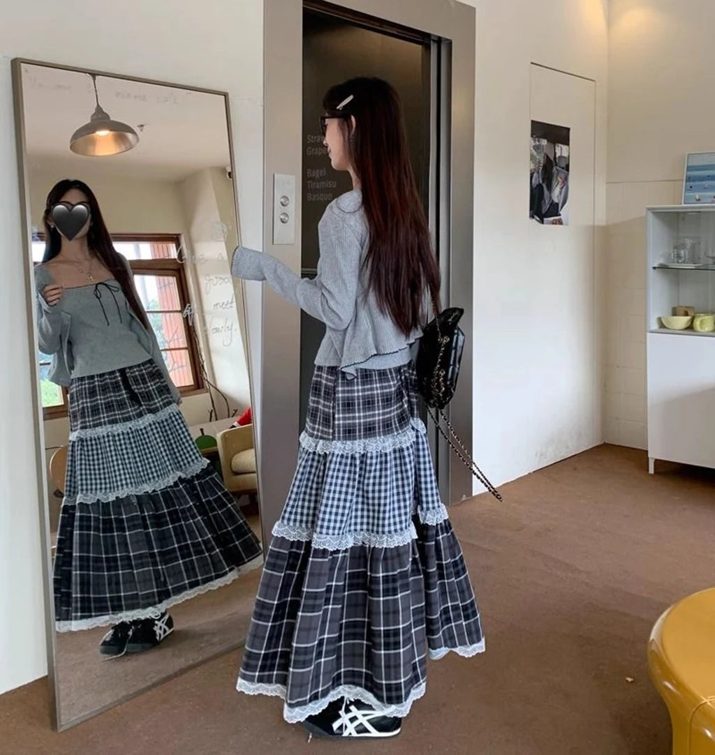 Patchwork Lace Long Skirt - High Waist Plaid Vintage