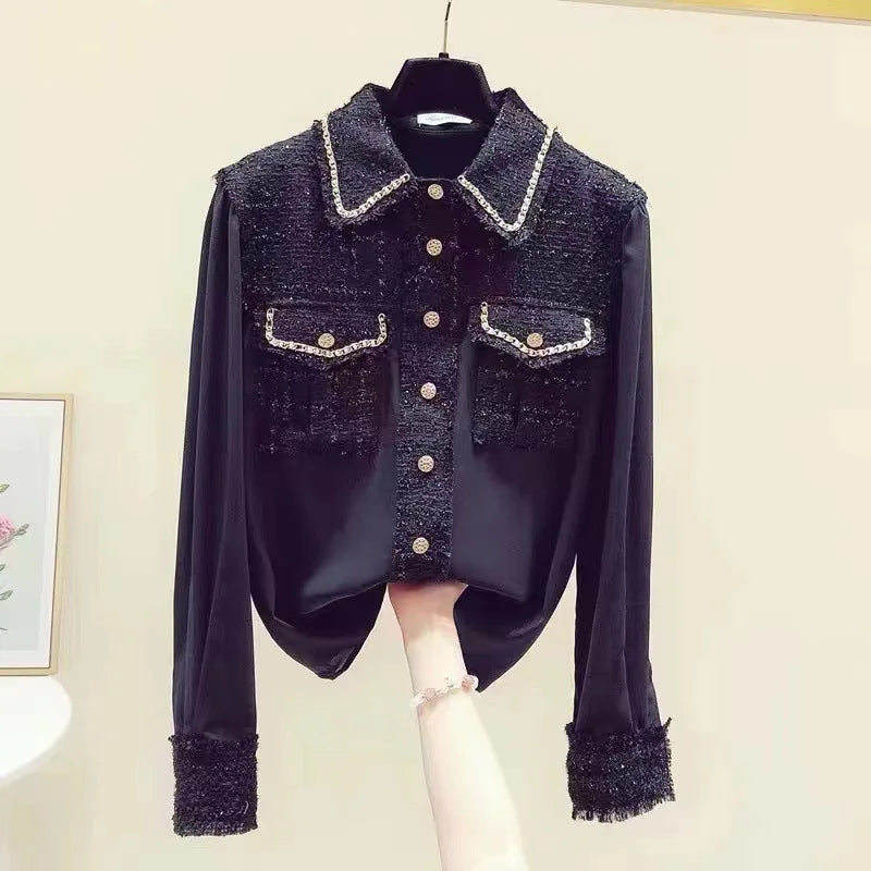 Blusa Tejido Texturado Tweed Patchwork Cuello Vuelto Manga Larga