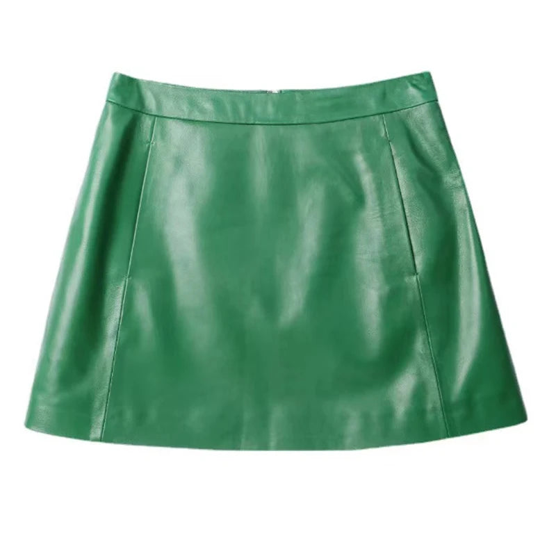 Sheepskin Leather Mini Skirt - High Waist Y2k