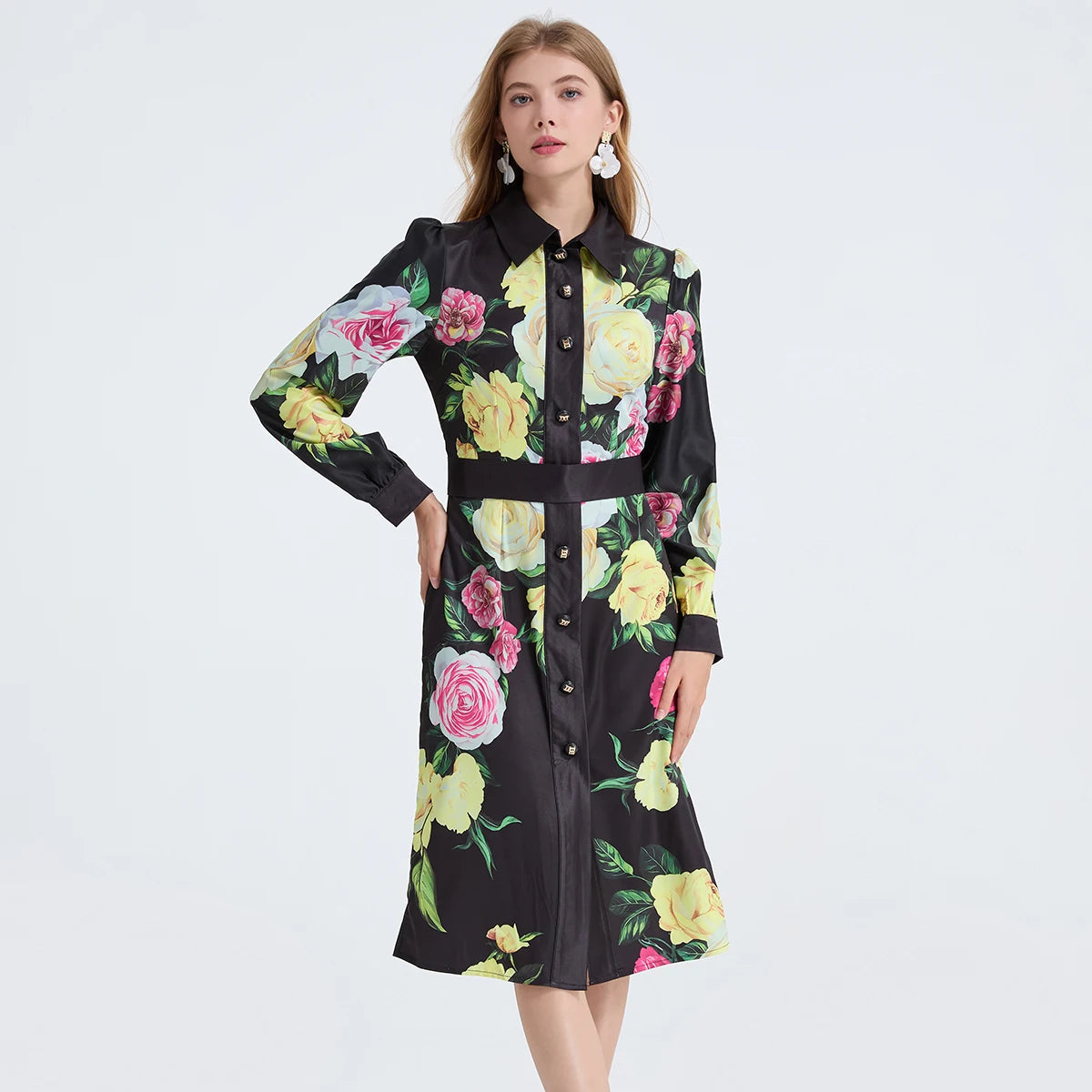 Pencil Dress - Long Sleeve Floral Polka Dots