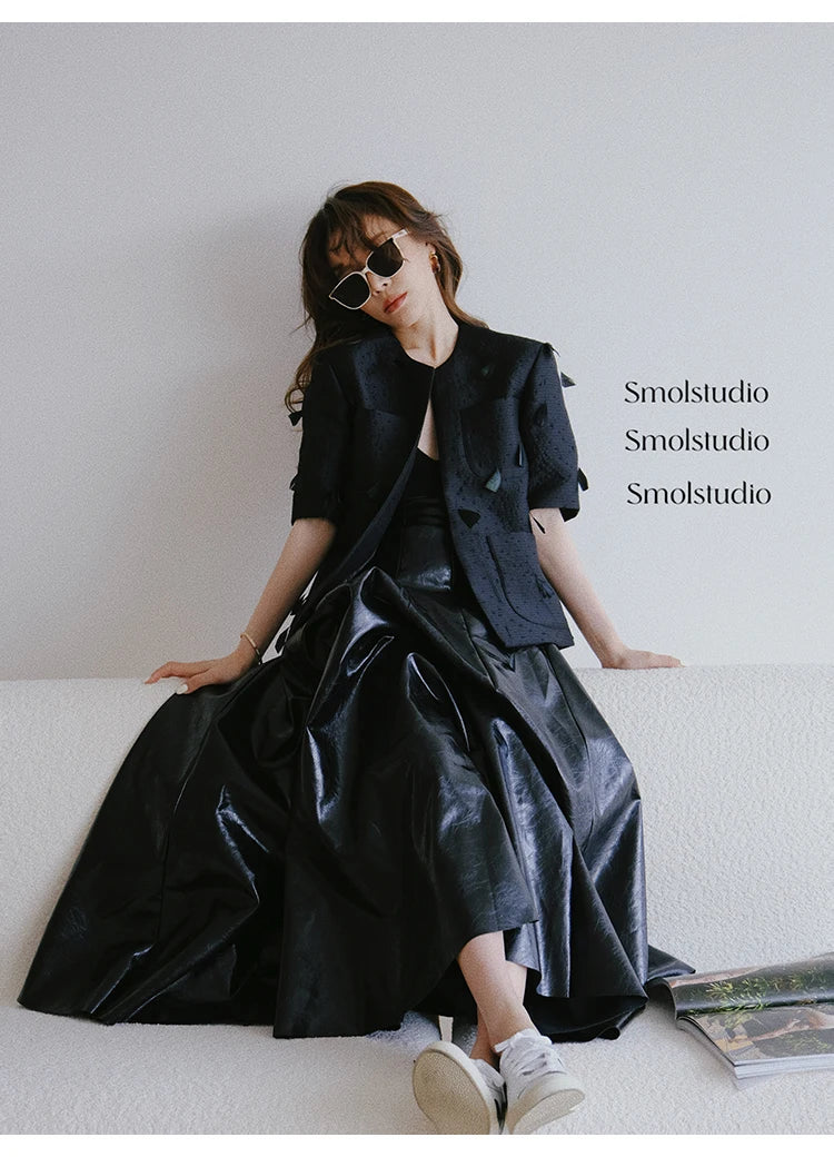 PU Leather Maxi Skirt - High Waist Pleated Black