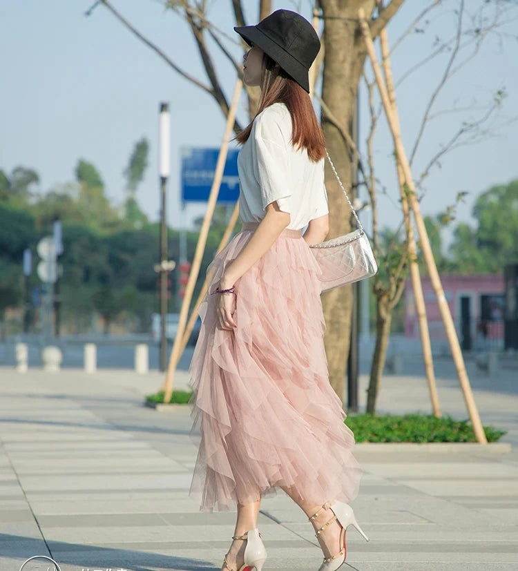 Tutu Tulle Long Maxi Skirt Women Fashion Korean Cute Pink High Waist Pleated Skirt Mesh Female Lady Aesthetic Faldas