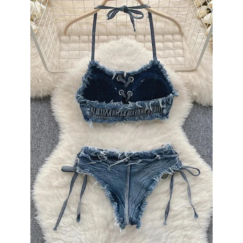 OIINAA Bathing Suit Women Sexy Denim Suits Bikini Set Lace Up Drawstring Beachwear 2025 Solid Summer Vintage Two-pieces Swimwear