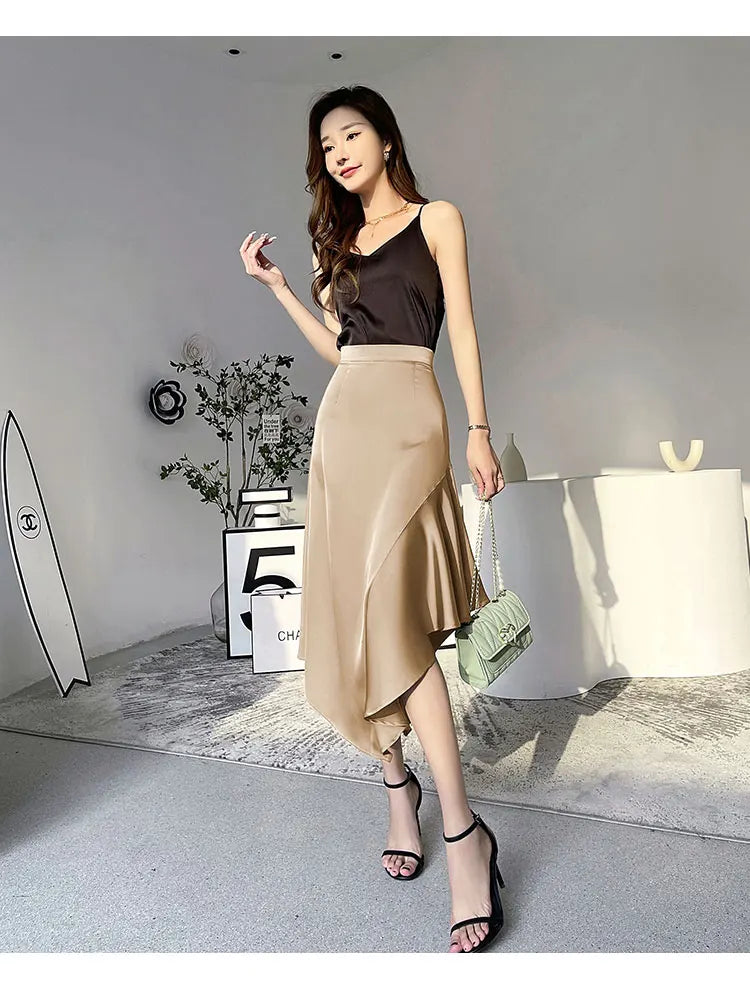 Satin Mermaid Long Skirt - High Waist Irregular