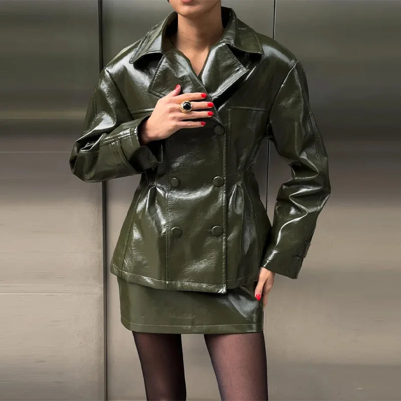 Two Piece Set - Leather Jacket & Mini Skirt