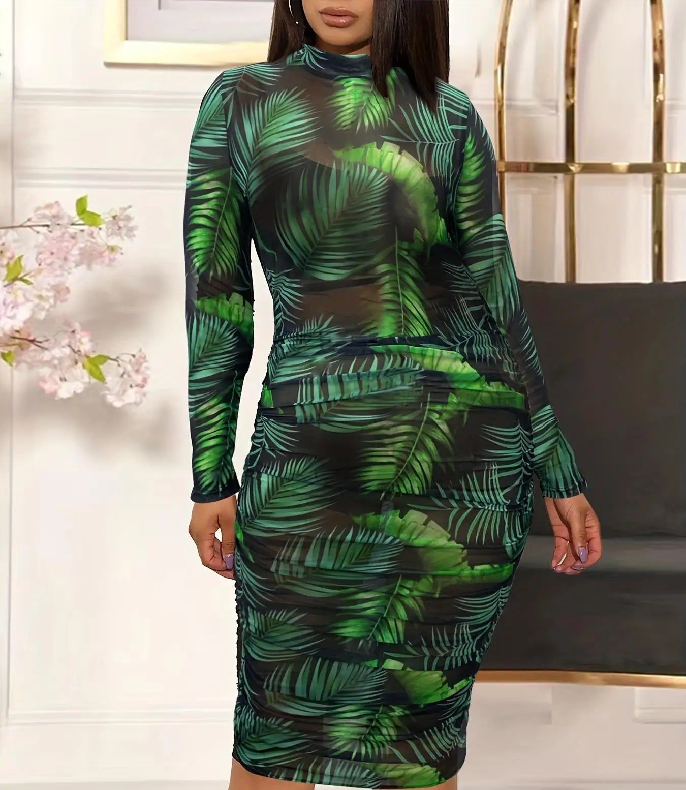 Pencil Dress - Turtleneck Patchwork Sheer Clubwear