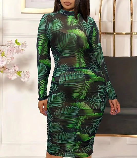 Pencil Dress - Turtleneck Patchwork Sheer Clubwear