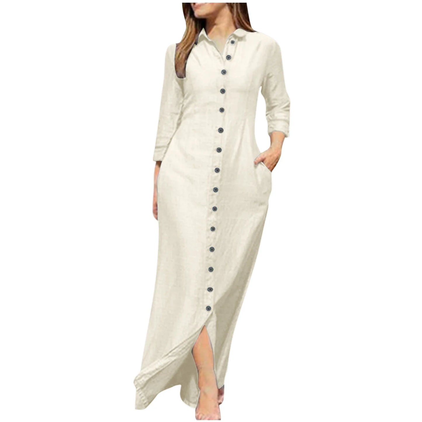Shirt Dress - Cotton Linen Button Long Sleeve