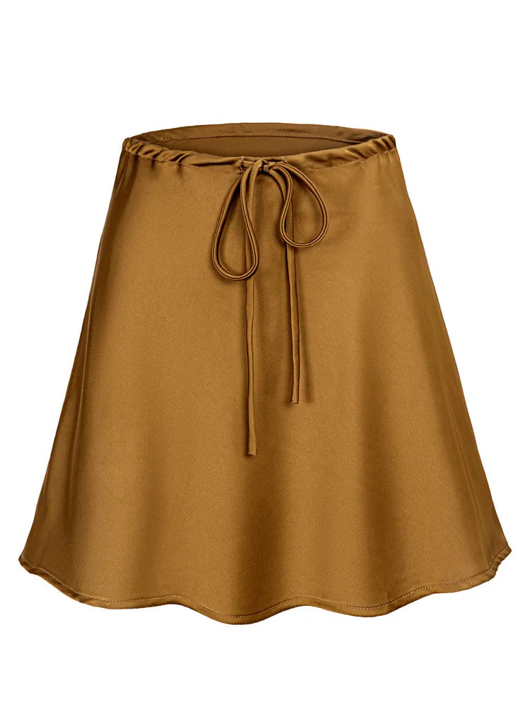 Satin Mini Skirt - Drawstring High Waist A-Line