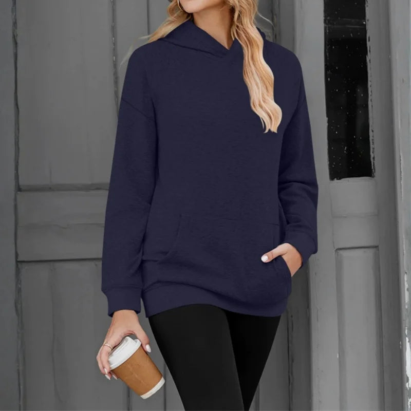 Polerón Mujer Capucha Manga Caída Color Sólido Bolsillos