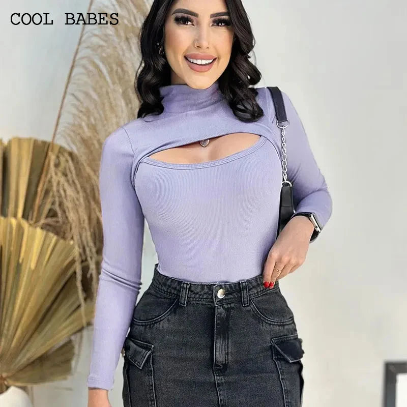 Turtleneck T-Shirt - Hollow Out Long Sleeve