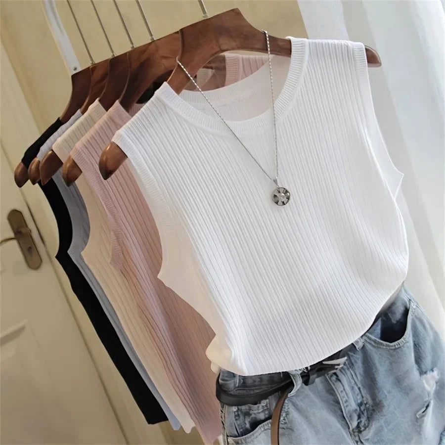 Blusa Sin Mangas Cuello Redondo Tejido Alta Elasticidad