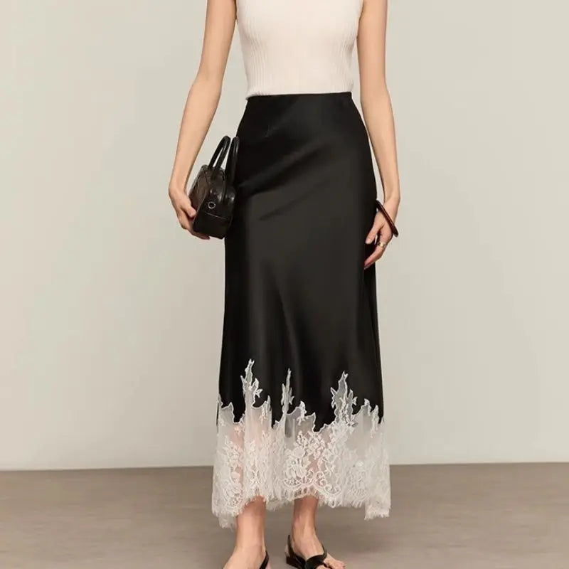 Falda Satén Encaje Ajustada Larga Mujer Elegante