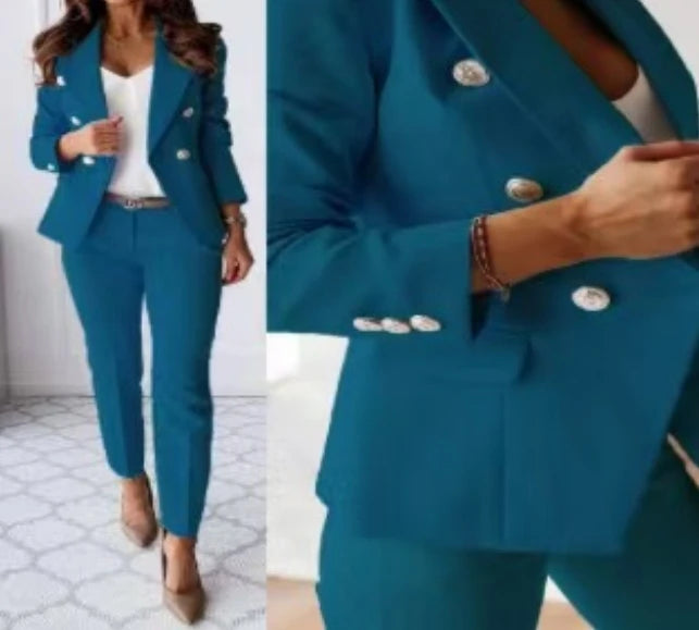 Conjunto Mujer Dos Piezas Saco Largo y Pierna Ancha Oficina