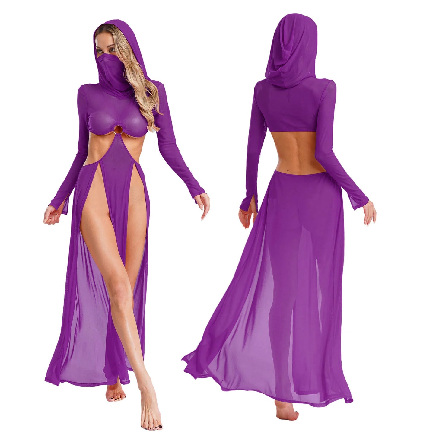 Sheer Maxi Dress - Hooded Face Mask High Slit