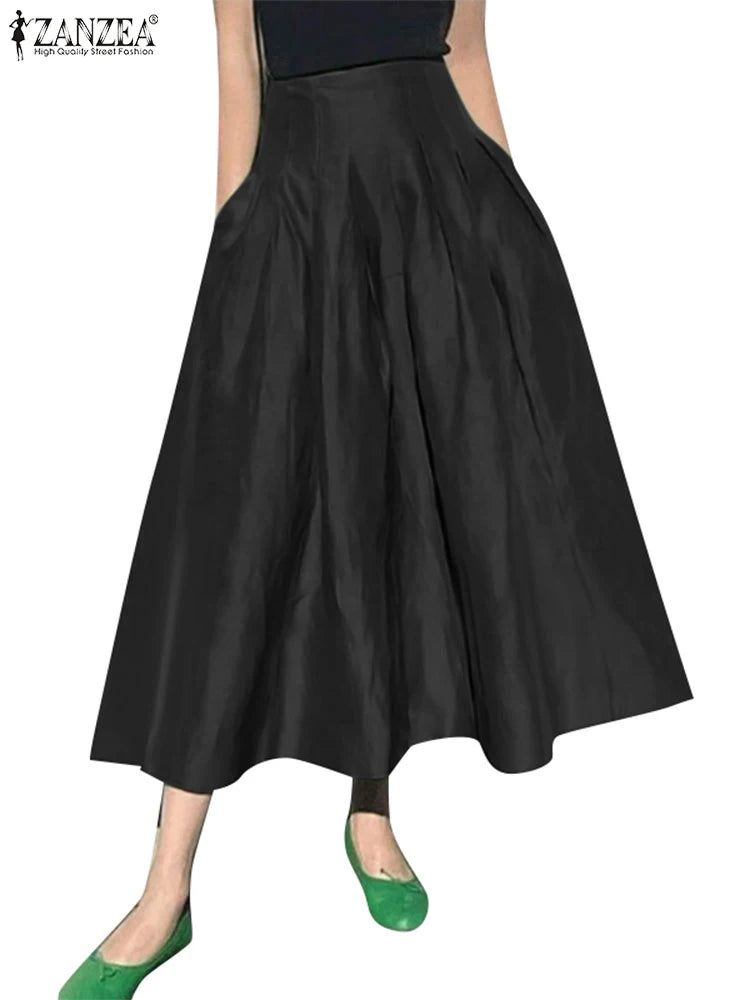 ZANZEA Fashion Holiday Faldas Mujer Casual Women Solid Color High Waist Jupe Femmes Elegant Commute Pleated Front Midi Skirts