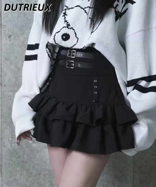 Japanese Mine High-waist Leather Buckle Short Skirt Summer Sweet Black Versatile Elastic Waist Ruffle A Word Cake Mini Skirts