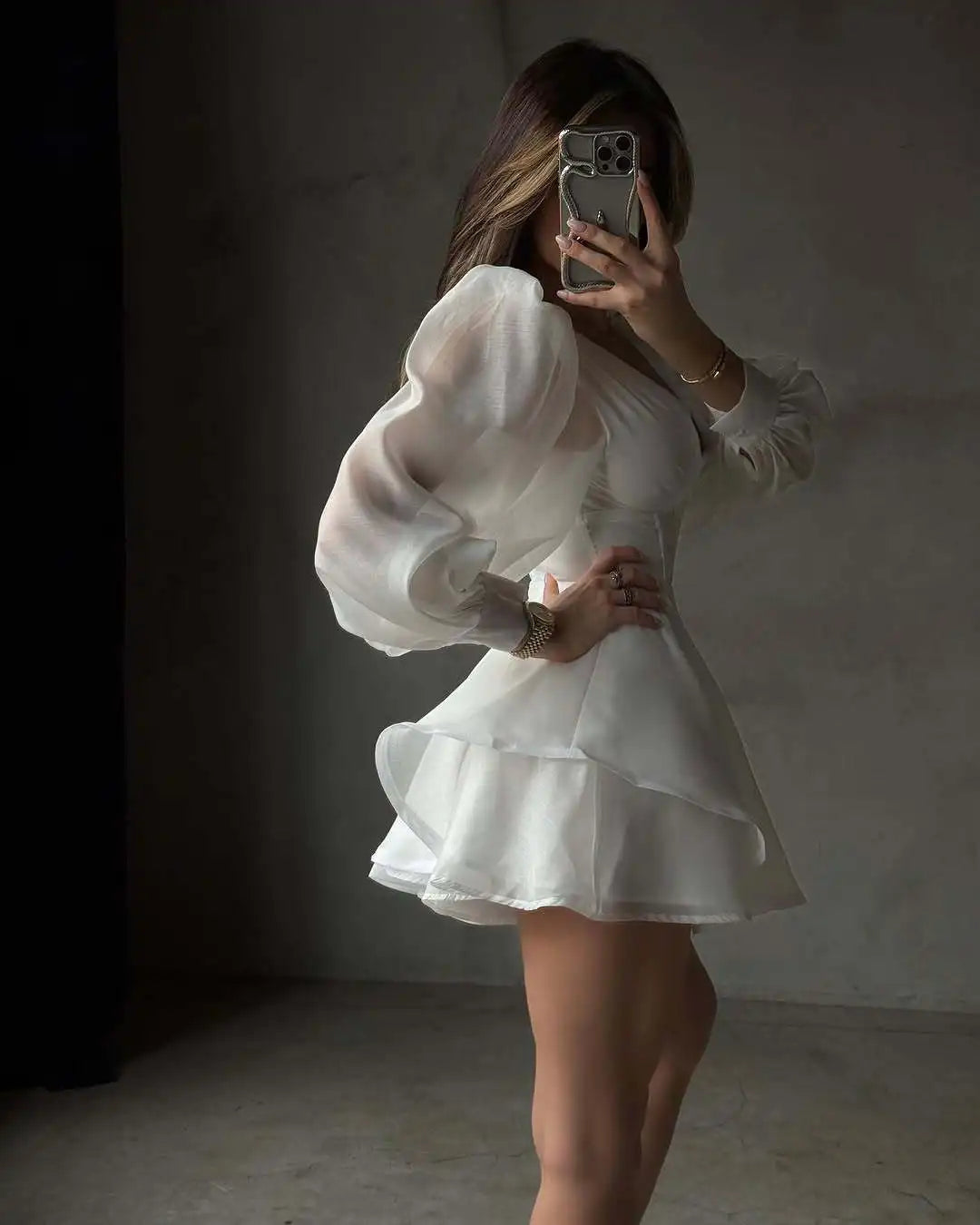 Vestido Mini Blanco - Manga Farol Cuello V Sexy