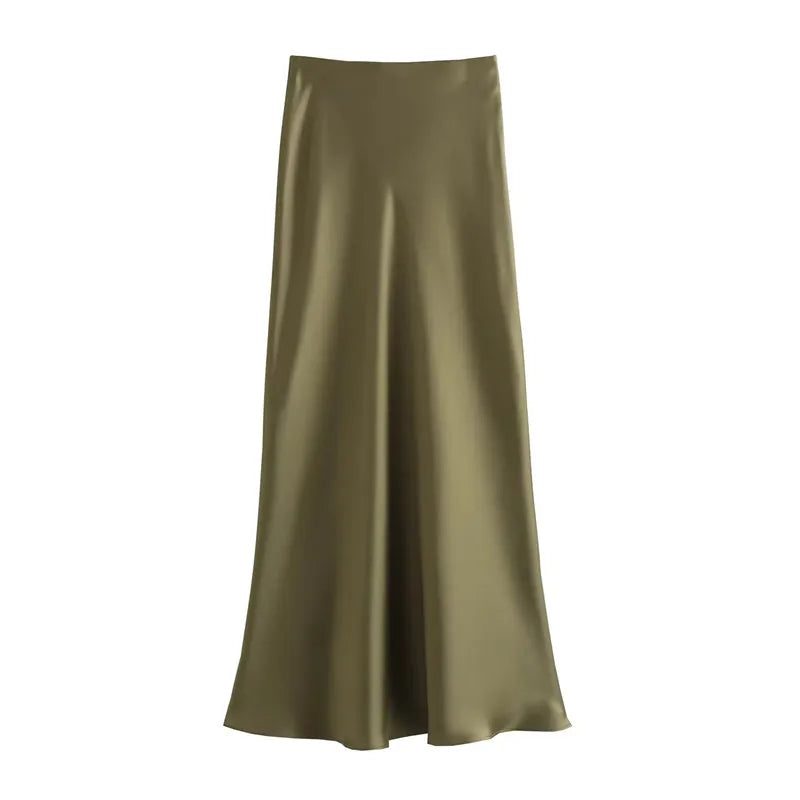 Satin Long Skirt - High Waist Draped Midi