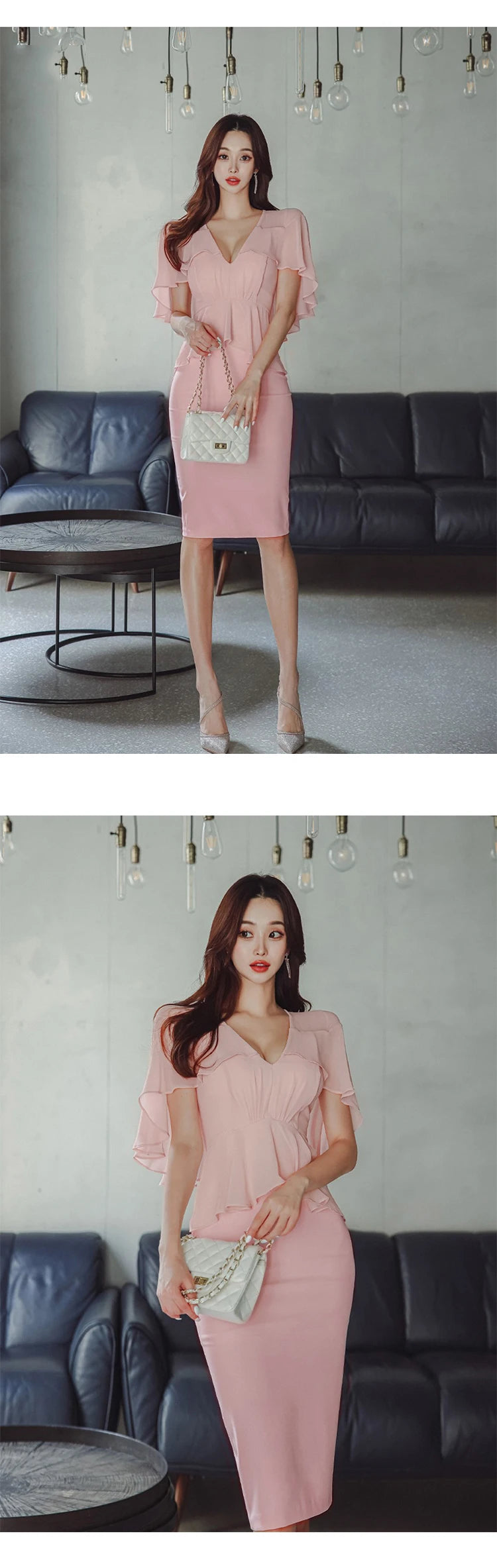 Pink Pencil Dress - Cloak V-Neck Midi Party