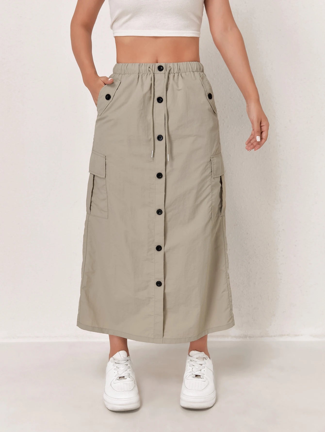 High Waist Cargo Skirt - Front Button Pockets
