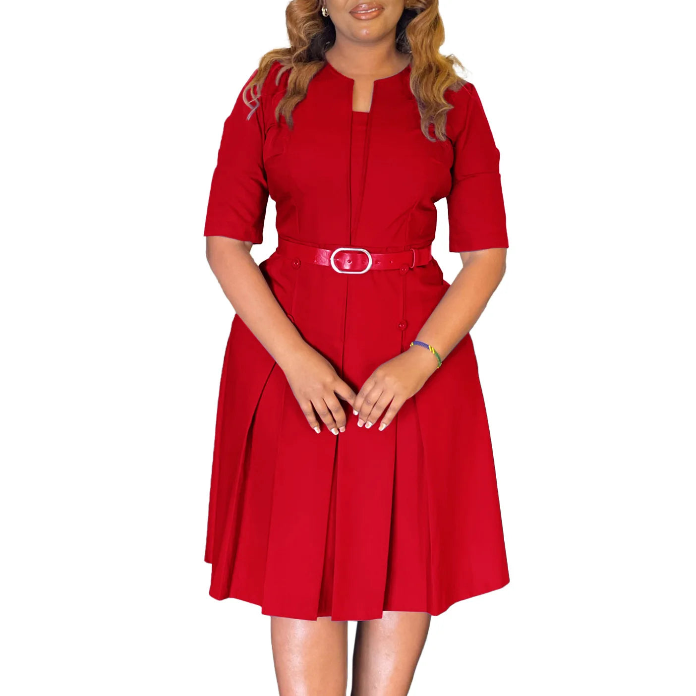 Vestido de Oficina Plisado Escote V Cintura Alta Cinturón Elegante