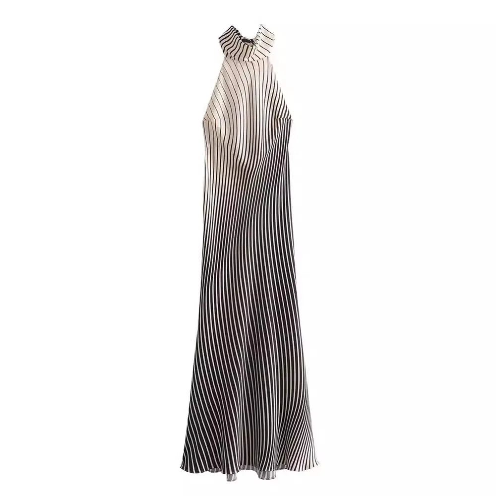 Party Dress - Stripe Halter Backless Evening