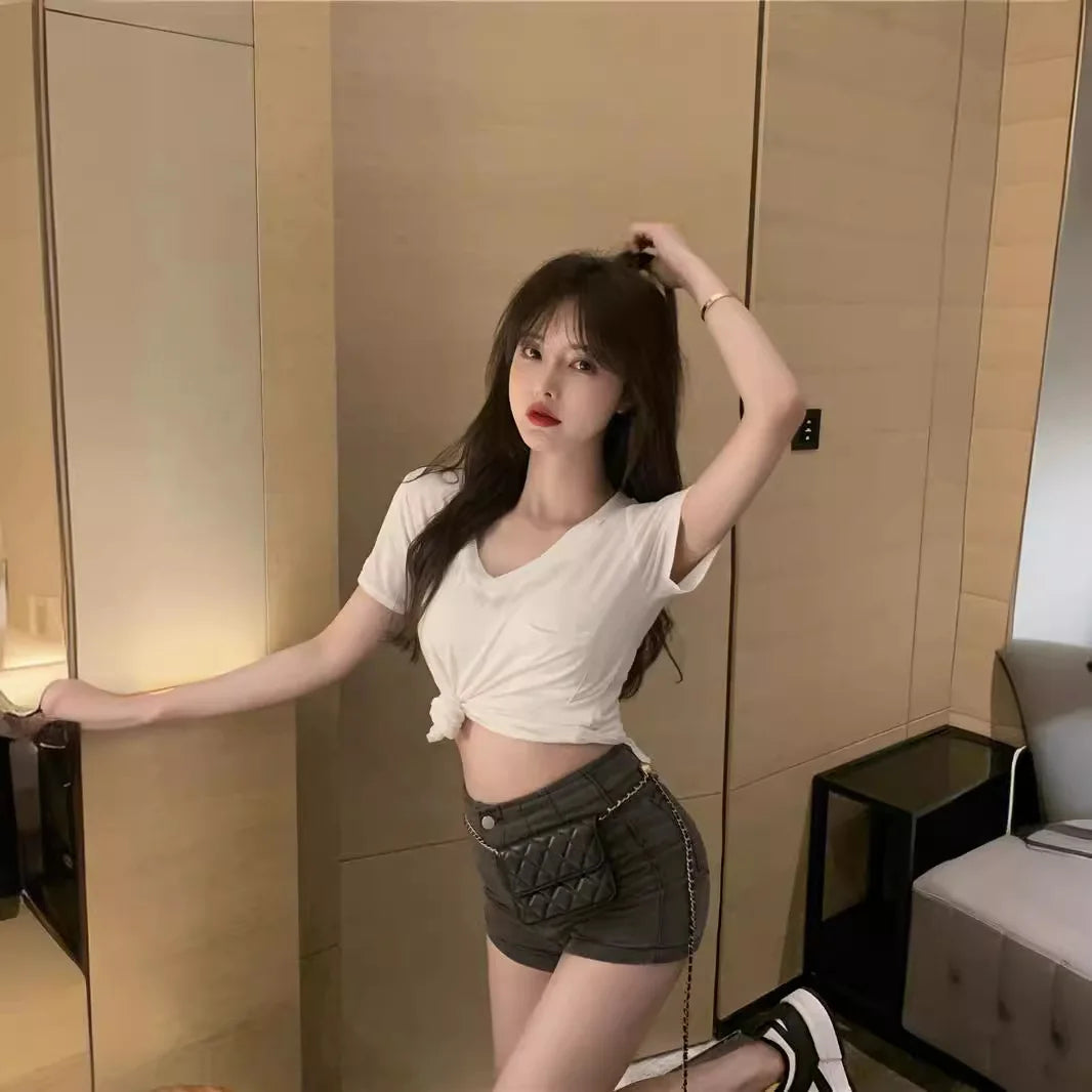 V-Neck T-Shirt - Irregular Hem Short Sleeve