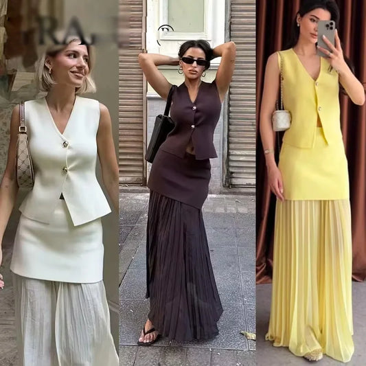 2025 Women Knitted Skirt Set Beige V-Neck Sleeveless Slim Vest +Solid Patchwork Long Skirt Streetwear Summer Casual Set