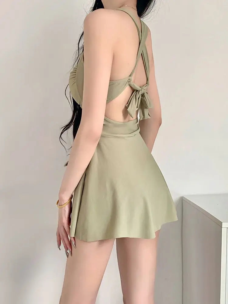 Swim Dress - One Piece Conservative Waist Gathering