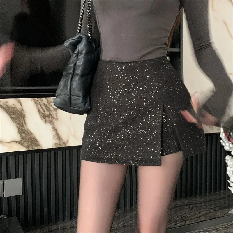 Women's Split-ended High-waisted Skirt Korean Fashion Irregular Diamond-encrusted Woolen Skirt 2025 New Hip-wrapped Skirt