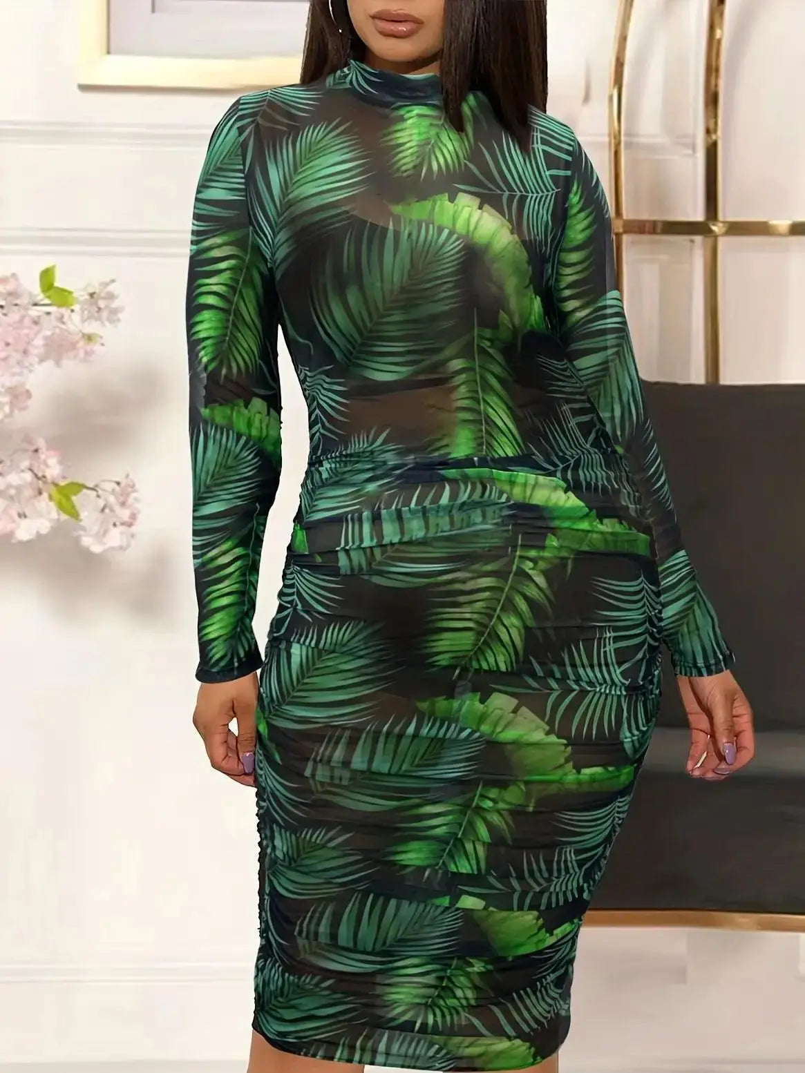 Pencil Dress - Turtleneck Patchwork Sheer Clubwear