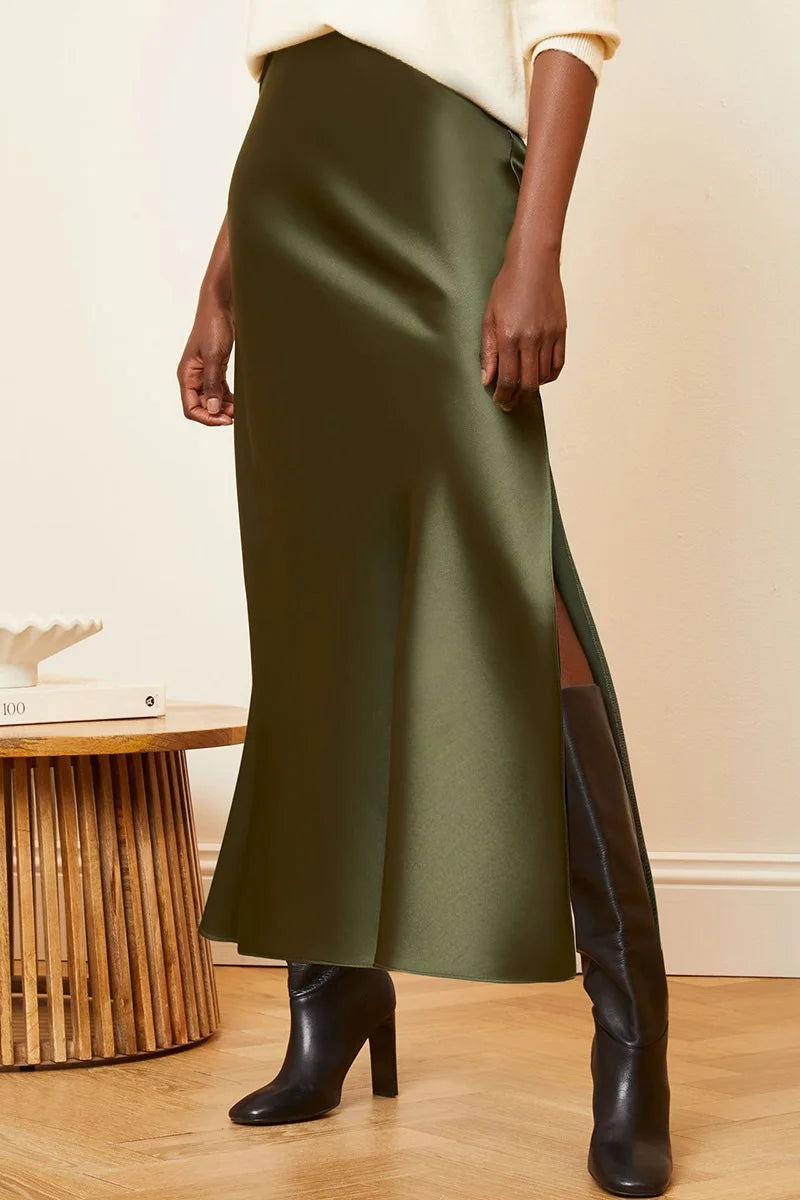 Satin Maxi Skirt - High Waist Side Slit Black
