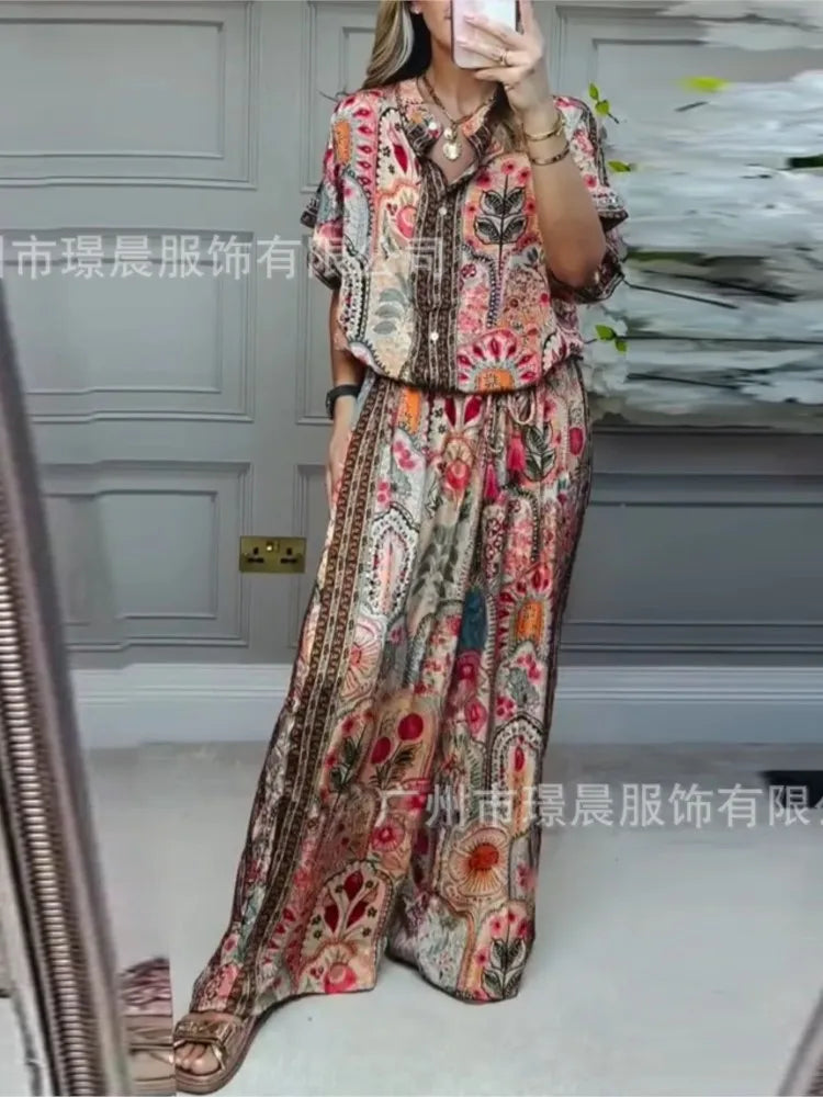 Conjunto Casual Mujer Top Estampado Pierna Ancha Suelto