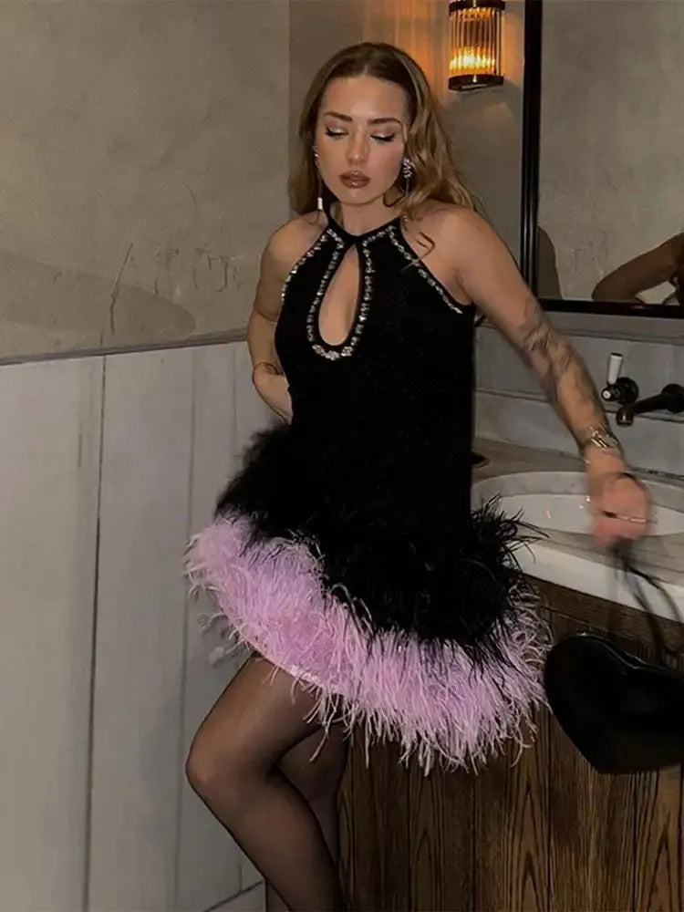 Prom Gown - Crystal Feathers Black Satin