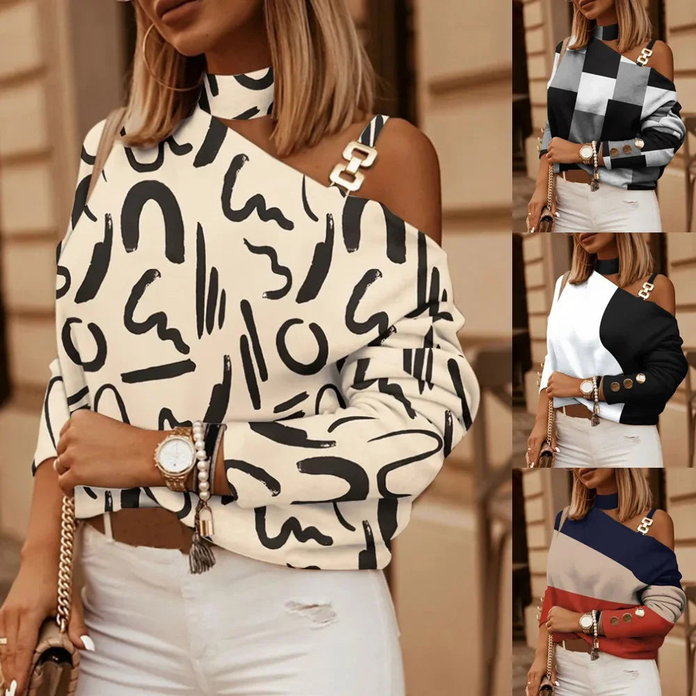 Blusa Sexy Hombro Descubierto Cadena Cuello Halter