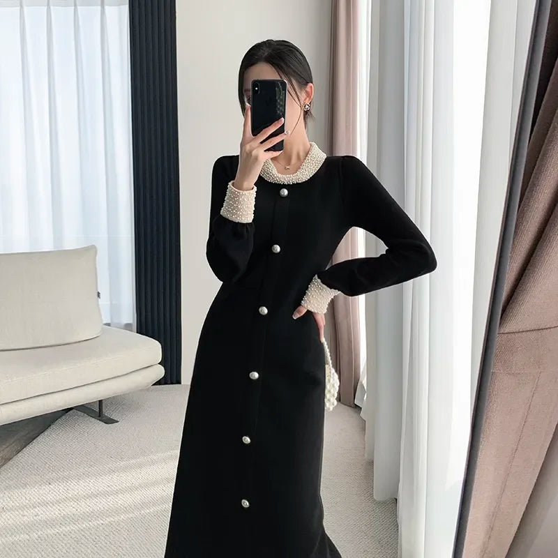 Vestido Elegante Línea A Manga Larga Cuello Redondo Botones Negro