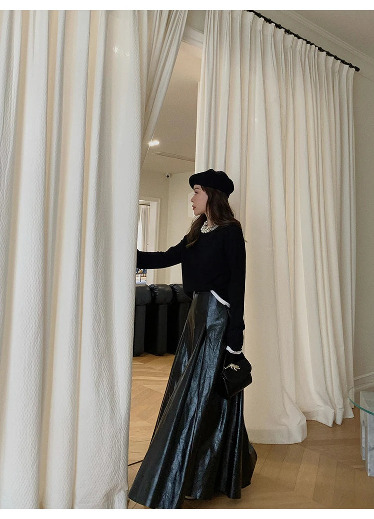 PU Leather Maxi Skirt - High Waist Pleated Black