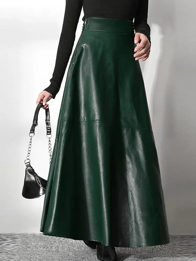 PU Leather Maxi Skirt - High Waist Zipper Style B